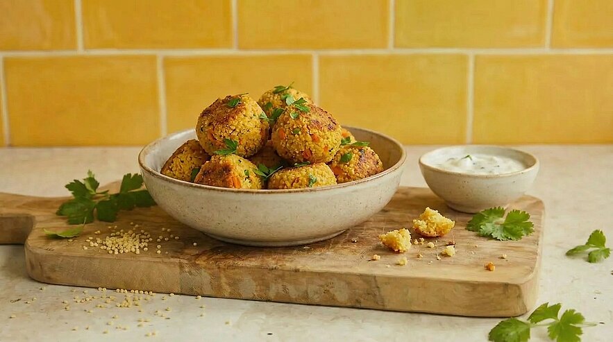 Schüssel mit goldbraunen Falafelbällchen auf einem Holzbrett, daneben kleine Schale Joghurtdip, garniert mit frischer Petersilie und Sesam.