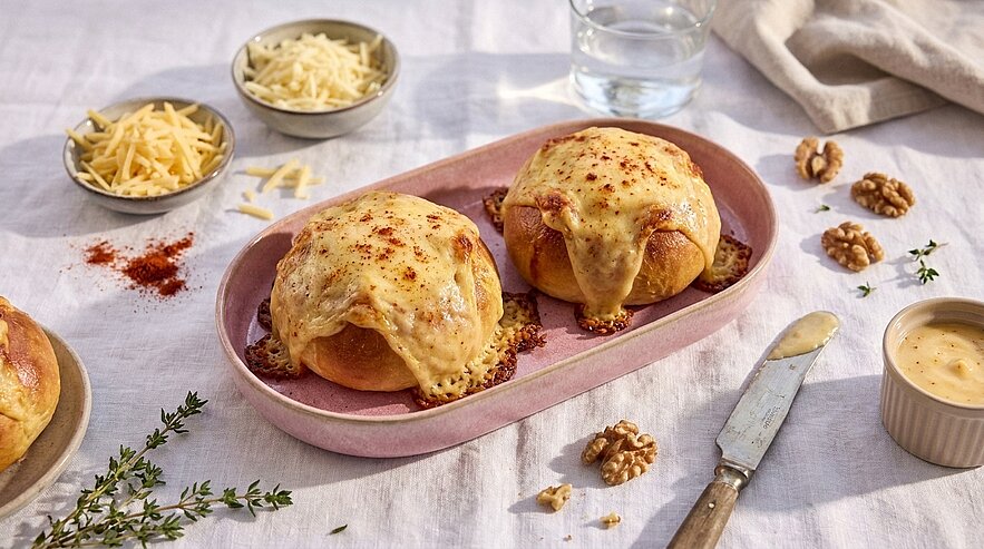 Zwei goldbraune Brötchen, großzügig mit geschmolzenem Käse überbacken, auf einem ovalen Teller; daneben geriebener Käse, Walnüsse, Messer und eine kleine Sauce.