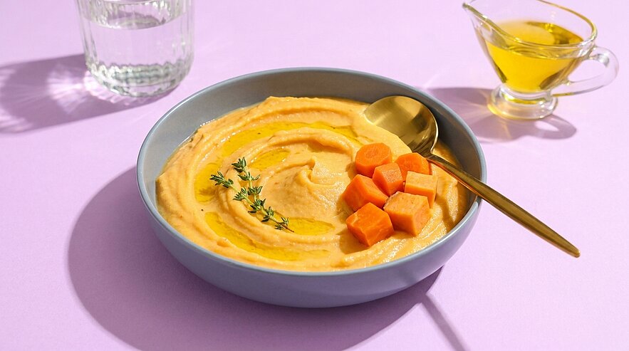Schale mit cremigem orangefarbenem Püree, garniert mit frischem Thymian, einigen Karottenwürfeln, einem Öl-Faden und einem goldfarbenen Löffel.