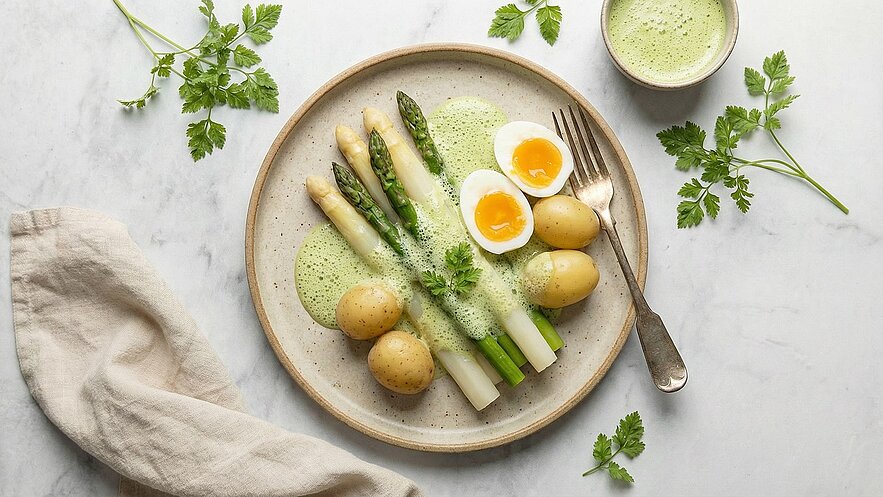 Ein Teller mit weißem und grünem Spargel, gekochten Kartoffeln und weichgekochten Eiern. Über den Spargel ist eine grüne Soße verteilt. Das Gericht ist mit frischem Koriander garniert. Im Hintergrund liegt ein Geschirrtuch.