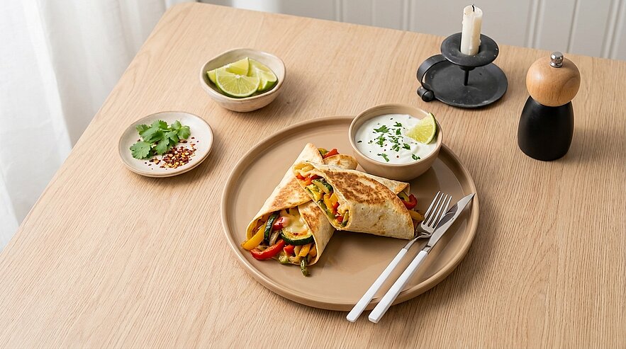 Zwei gefüllte Wraps mit gegrilltem Gemüse auf einem Teller, dazu Joghurt-Dip, Limettenspalten und Besteck.