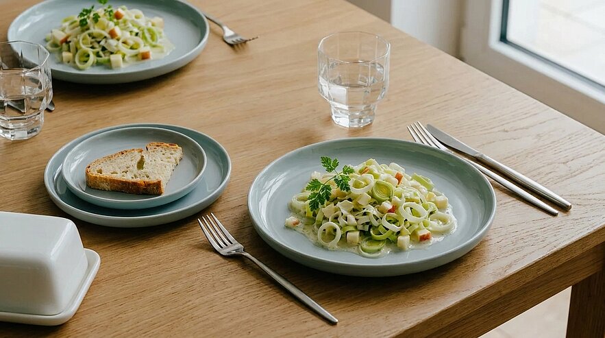 Zwei Teller mit cremigem Nudelsalat, garniert mit Petersilie, sowie ein kleiner Teller mit einer Brotscheibe auf einem Holztisch; Besteck und zwei Wassergläser daneben.