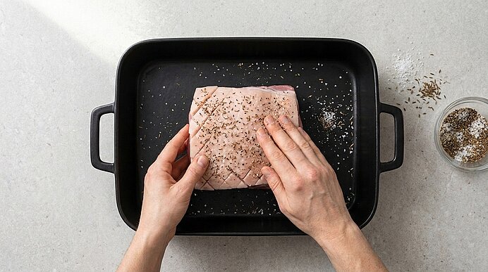 Zwei Hände legen ein gewürztes, rautenförmig eingeschnittenes Stück Schweinefleisch in einen schwarzen Bräter; Gewürze liegen daneben.