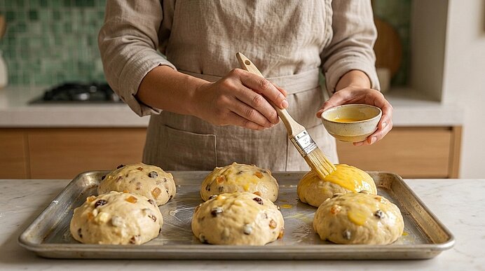 Person in Schürze bestreicht mit Pinsel und Schüssel sechs mit Rosinen durchsetzte Hefebrötchen auf einem Backblech mit Eigelb.