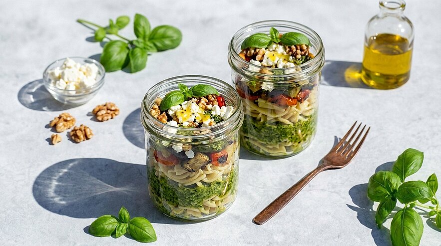 Zwei Einmachgläser mit geschichteten Nudel-Salaten: grüne Kräuter/Pesto, Pasta, getrocknete Tomaten, zerbröselter Feta und Walnüsse, garniert mit frischem Basilikum.