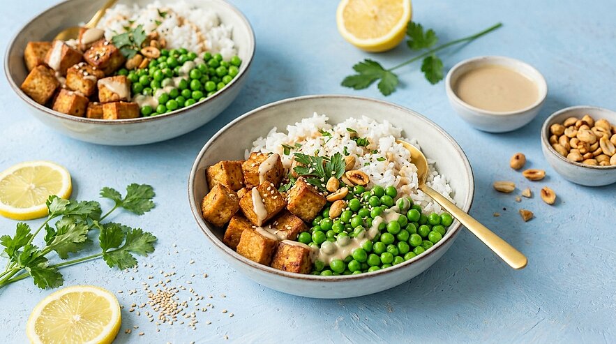 Zwei Schalen mit weißem Reis, gebratenen Tofuwürfeln, grünen Erbsen, cremiger Nuss-/Tahini-Sauce, gehackten Erdnüssen und Petersilie; Zitronenscheiben daneben.