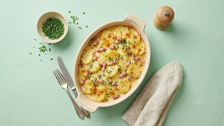 Ein ovales Gericht mit Kartoffelgratin, überbacken mit Käse und Stückchen von Schinken. Das Gratin ist mit frischem Schnittlauch garniert. Daneben befindet sich eine kleine Schüssel mit weiteren Schnittlauch und Besteck. Der Hintergrund ist mintgrün.