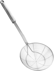 Eine silberne Schaumkelle mit einem langen, geraden Griff. Die Schaufel hat ein feines, sich verjüngendes Netz, ideal zum Abseihen von Lebensmitteln oder für die Zubereitung von Speisen.