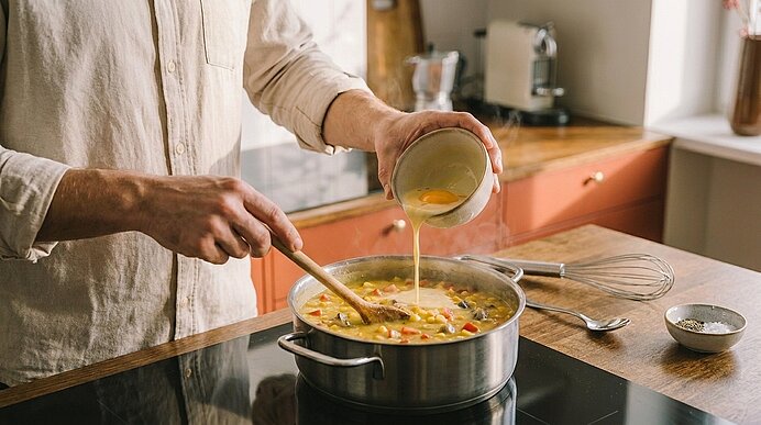 Nahaufnahme einer Person, die mit einem Holzlöffel in einem Kochtopf auf dem Herd rührt, während sie aus einem Becher Flüssigkeit in eine Gemüsesuppe gießt.