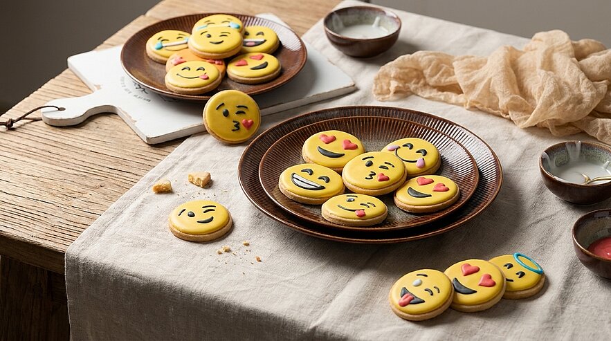 Auf dem Bild sind mehrere bunte Kekse mit verschiedenen Emoji-Gesichtern auf zwei Tellern angeordnet. Die Kekse strahlen Freude und Emotionen aus und sind auf einem Tisch mit einer gedeckten Oberfläche platziert. Ein paar Kekse liegen lose auf dem Tisch.