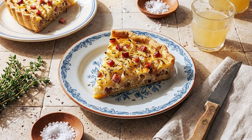 Eine Scheibe herzhafter Quiche mit Schinken, Käse und Kräutern auf blau-weißem Keramikteller; im Hintergrund Restquiche, frischer Thymian, Schälchen Salz und ein Glas Saft.