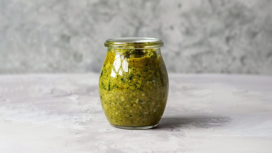 Ein Glas mit grünem Pesto steht auf einem hellen, strukturierten Untergrund. Das Pesto hat eine grobe Textur und zeigt grüne Kräuter und Gewürze. Der Deckel des Glases ist geschlossen.