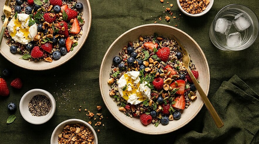 Zwei Frühstücksschalen mit Granola, Nüssen und Samen, frischen Erdbeeren, Himbeeren und Blaubeeren, je mit Joghurt und Honig.