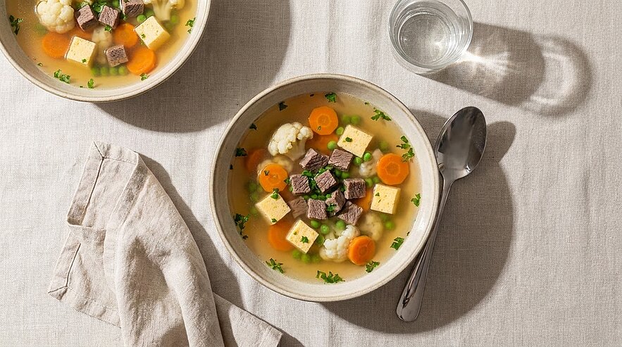Zwei Schalen klarer Suppe mit Karottenscheiben, Blumenkohl, kleinen Fleisch- und Tofuwürfeln, garniert mit Petersilie; Löffel, Stoffserviette und Glas Wasser daneben.