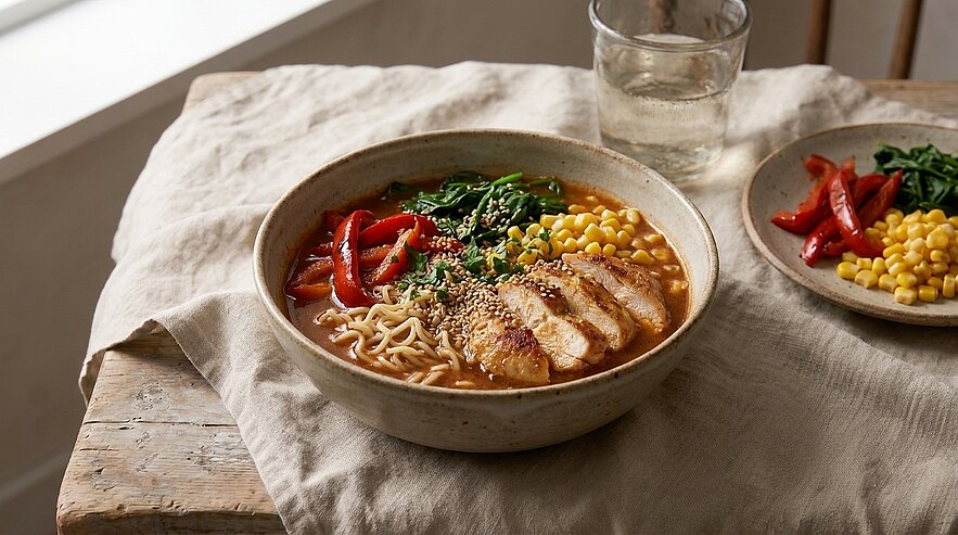Eine Schüssel Ramen mit gebratenem Hähnchen, Gemüse wie Paprika und Spinat sowie Mais. Daneben steht eine kleine Schüssel mit weiteren Paprika und Mais. Im Hintergrund ein Glas Wasser auf einem Holz Tisch.