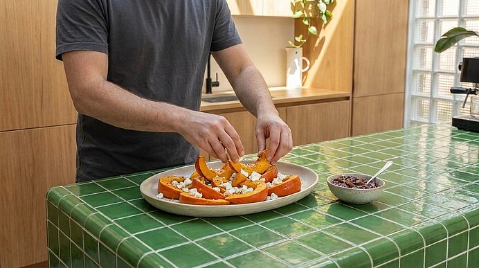 Hände einer Person arrangieren gebackene Kürbis-Spalten mit zerbröseltem Käse und Kräutern auf einem Teller auf einer grünen, gefliesten Küchenarbeitsfläche.