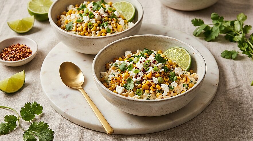 Zwei Schalen mexikanisch inspirierter Maissalat mit Maiskörnern, zerbröseltem Weißkäse, frischem Koriander und Limettenscheiben.