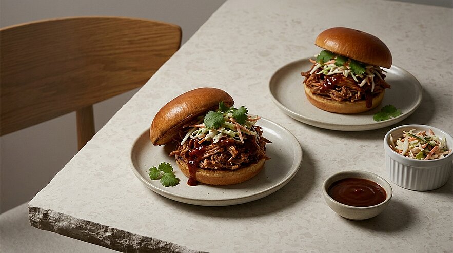 Zwei BBQ-Pulled-Pork-Burger mit gezupftem Fleisch, Barbecuesoße, Krautsalat-Topping und Koriander auf weichen Brötchen, jeweils auf Tellern serviert; daneben kleine Schalen mit Barbecuesoße und Coleslaw.
