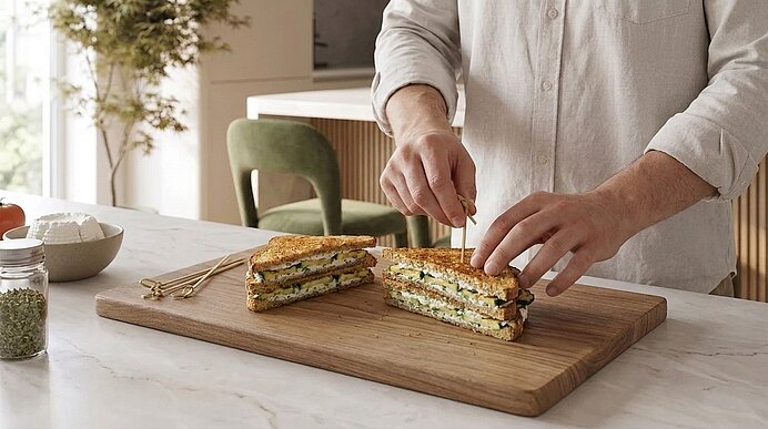 Hände einer Person schneiden auf einem Holzbrett ein dickes, getoastetes, mehrschichtiges Sandwich mit Ei, Käse und Gemüse in einer modernen Küche.