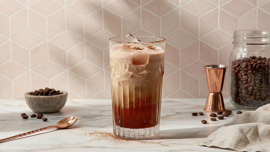 Ein Glas mit eisgekühltem Kaffee, der geschichtet ist, steht auf einem marmorierten Tisch. Die obere Schicht ist cremig und hell, die untere dunkel. Darum sind Kaffeebohnen und ein Messbecher angeordnet, die das Kaffeethema unterstreichen. Die Hintergrundfarbe ist sanft und geometrisch.