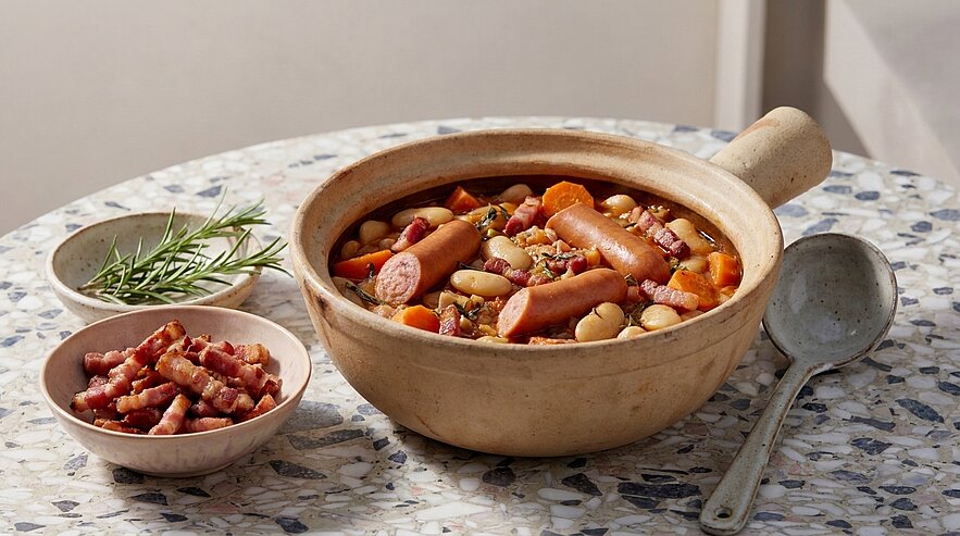 Keramiktopf mit herzhaftem Bohneneintopf: Würstchen, weiße Bohnen, Karotten und Speckstücke; daneben kleine Schale mit Speck und ein Rosmarinzweig.