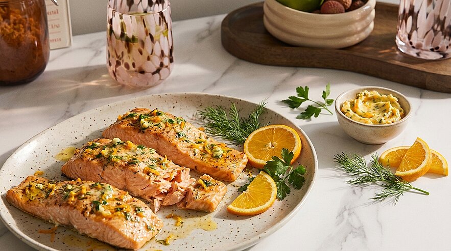 Drei gebackene Lachsfilets mit Kräuter‑Zitronen‑Kruste auf weißem Teller, garniert mit Orangenvierteln und frischen Kräutern; daneben eine kleine Schale mit Kräuterbutter/Dip auf Marmoroberfläche.