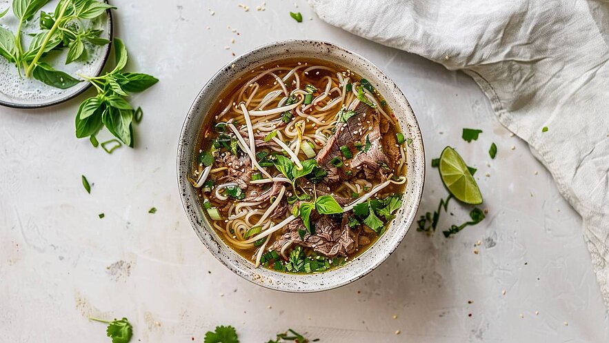 Eine Schüssel mit dampfender Suppe, gefüllt mit Nudeln, dünn geschnittenem Fleisch, Sprossen und frischen Kräutern. Neben der Schüssel liegt ein grüner Limettenkeil. Der Hintergrund ist hell und schlicht, was den Fokus auf die Mahlzeit lenkt.