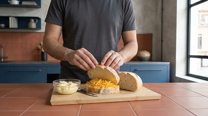Eine Person belegt eine Brotscheibe mit geriebenem Käse auf einem Holzbrett; daneben Schälchen mit Butter und zusätzlichem Käse, Küchenarbeitsfläche im Hintergrund.