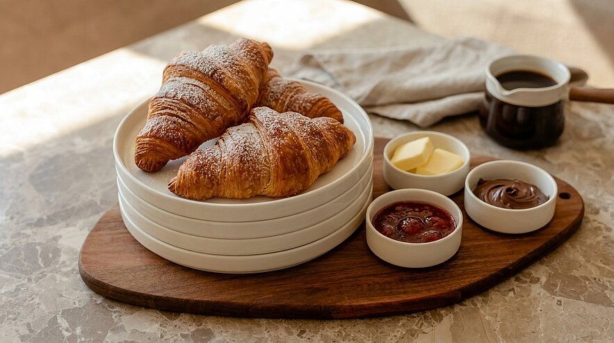 Drei mit Puderzucker bestäubte Croissants auf weißen Tellern, daneben Butter, Marmelade, Schokocreme und eine Tasse Kaffee.