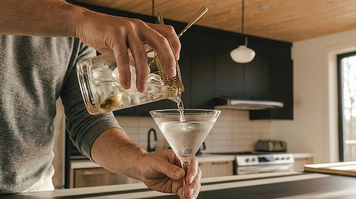 Hände gießen aus einem Rührglas mit Barsieb einen klaren Martini mit Olive in ein gekühltes Martiniglas.