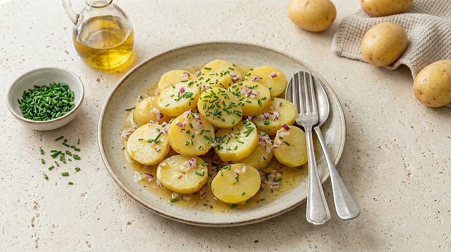 Teller mit in Scheiben geschnittenen Kartoffeln, garniert mit Öl, fein gehacktem Schnittlauch und kleinen roten Zwiebelstücken; Besteck liegt daneben.