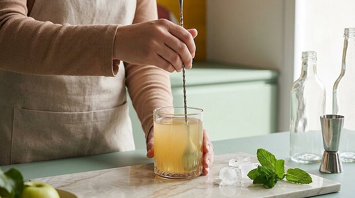 Person in Schürze rührt mit Barlöffel ein helles Getränk in einem Tumbler; Eiswürfel und Minzblätter liegen daneben.