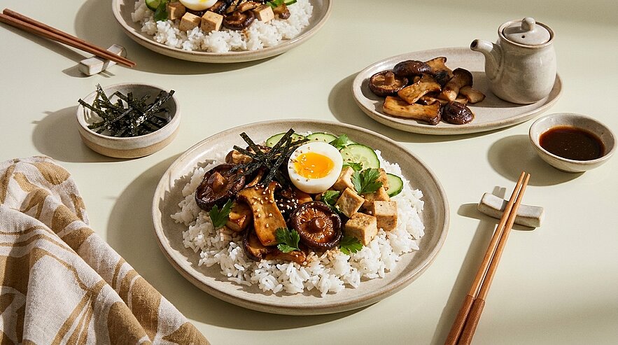 Teller mit weißem Reis, darüber gebratene Shiitake-Pilze, gewürfelter Tofu, halbiertes weich gekochtes Ei, Gurkenscheiben, Nori-Streifen und Sesam; daneben kleine Schale Sojasauce und Essstäbchen — asiatisch inspiriertes Reisgericht.