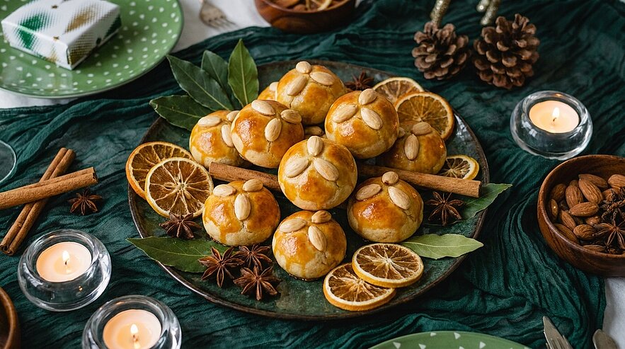 Auf einem Teller liegen glänzende goldbraune, runde Kekse, jeweils mit Mandelhälften belegt, umgeben von getrockneten Orangenscheiben und Gewürzen (Zimtstangen, Sternanis) in festlicher Tischdekoration.