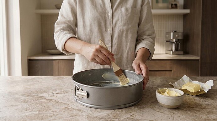 Hände einer Person bestreichen die Innenseite einer Springform mit Butter; eine kleine Schale und Butterstücke stehen daneben auf der Arbeitsfläche.