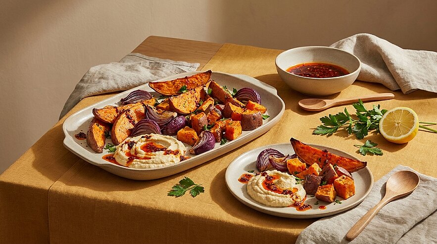 Servierplatte und kleiner Teller mit gerösteten Süßkartoffelspalten und roten Zwiebeln, dazu Hummus mit Chiliöl, frische Petersilie und eine Zitronenhälfte; Schale mit Dip im Hintergrund.