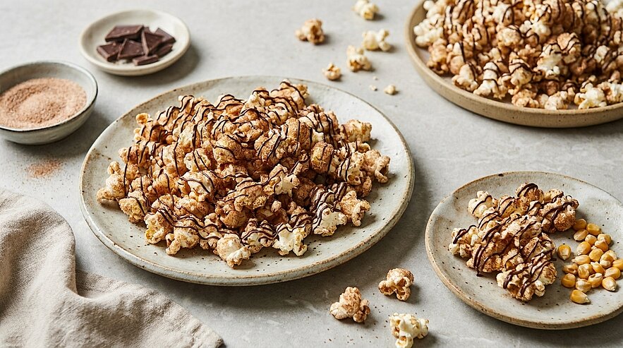 Drei Teller mit süßem Popcorn, großzügig mit dunkler Schokolade beträufelt.