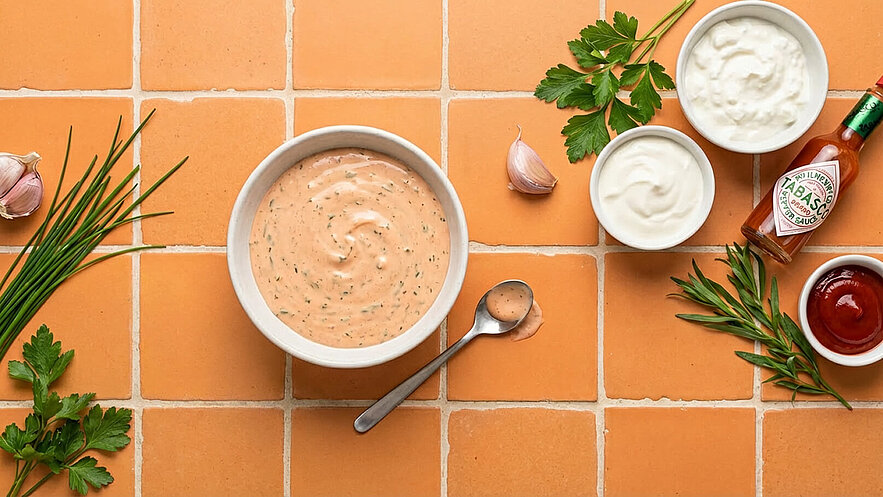 Eine Schüssel mit einer cremigen, rosa Sauce steht auf einem hellen Fliesenboden. Um die Schüssel herum liegen frische Kräuter, Knoblauchzehen, Schalen mit Joghurt und ein Fläschchen Tabasco. Ein Löffel ruht an der Schüssel.