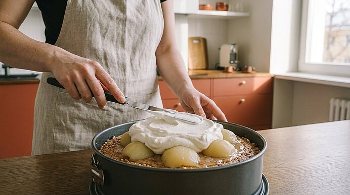 Hände einer Person in Schürze verstreichen Schlagsahne über einen Birnenkuchen mit halbierten Birnen in einer Springform.