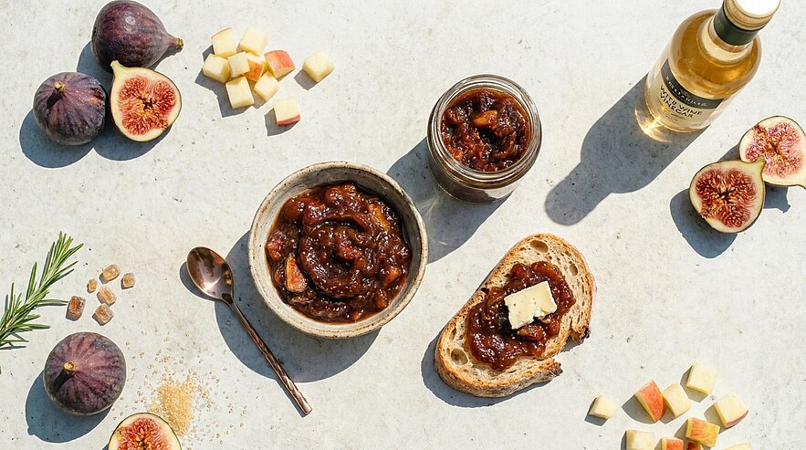 Glas und Schale mit Feigenmarmelade, daneben Löffel, eine Scheibe Brot mit Marmelade und Butter sowie frische Feigen und Käsewürfel.