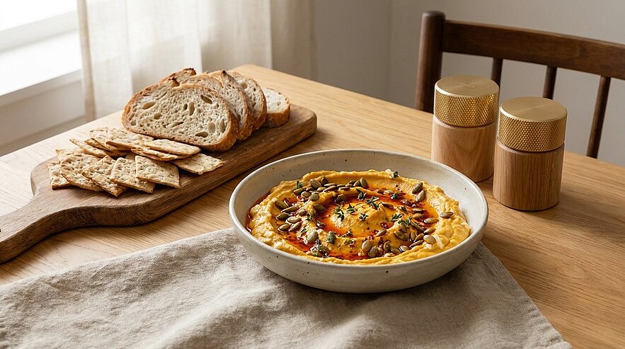 Schale mit cremigem Hummus, garniert mit Olivenöl, Paprikapulver, Kräutern und Samen; daneben auf einem Holzbrett mehrere Scheiben Bauernbrot und Cracker auf einem Holztisch.