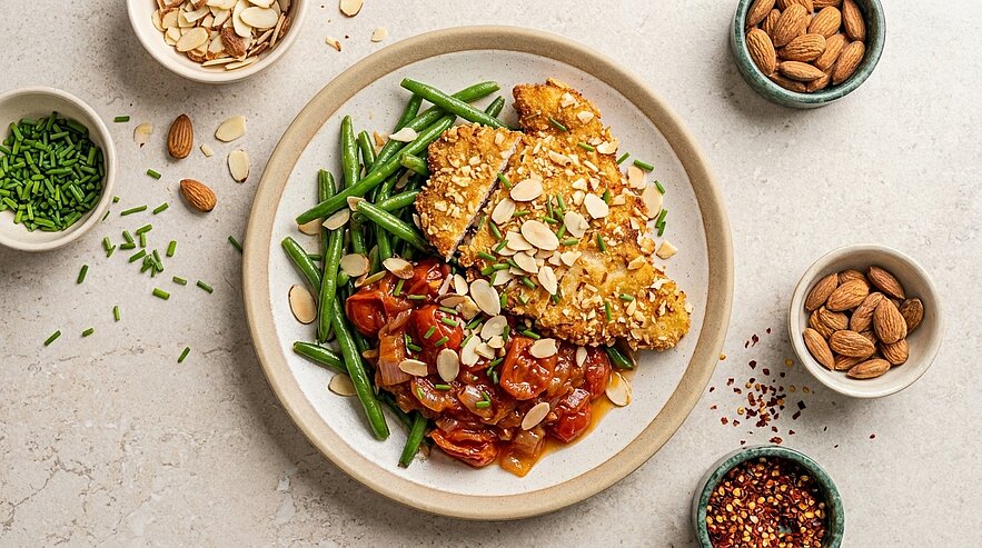 Teller mit mandelkrustigen Hähnchenschnitzeln, grünen Bohnen und tomaten‑zwiebeliger Sauce, garniert mit Mandelblättchen.