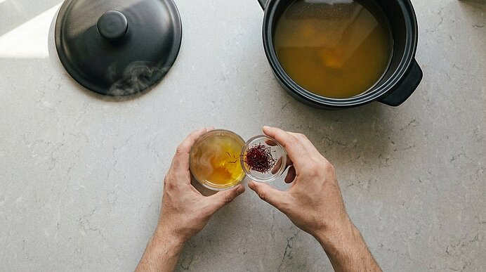Draufsicht: Zwei Hände geben Safranfäden aus einem kleinen Gefäß in eine Tasse mit heißer Brühe; daneben ein Topf mit Suppe und ein Deckel.