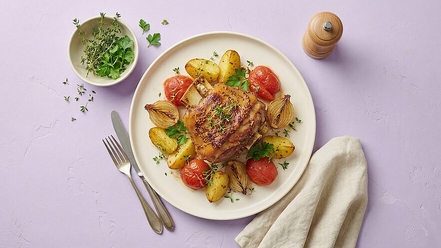 Ein Teller mit gebratenem Hähnchen, umgeben von goldenen Kartoffeln, gerösteten Zwiebeln und roten Tomaten. Frische Kräuter, wie Thymian und Petersilie, garnieren das Gericht. Im Hintergrund liegt eine Gewürzmühle und eine Schale mit frischen Kräutern. Der Untergrund ist lila.