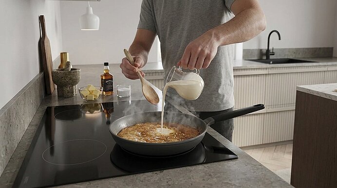 Person gießt Milch aus einem Kännchen in eine Pfanne auf dem Herd und rührt mit einem Holzlöffel, dampfender Inhalt in einer modernen Küche.