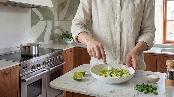 Hände und Oberkörper einer Person, die in einer Schüssel Avocado mit einem Löffel zu Guacamole zerdrücken; halbierte Limette, frische Kräuter und Schälchen mit Gewürzen auf der Küchenarbeitsfläche.