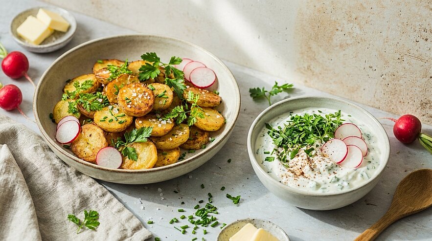 Eine Schüssel mit goldenen, knusprigen Bratkartoffeln, garniert mit frischem Koriander und Radieschen. Daneben befindet sich eine Schüssel mit Kräuterdip, der mit frischem Schnittlauch und weiteren Radieschen dekoriert ist. Die Szene ist hell und einladend.