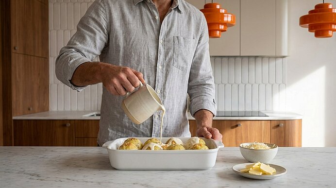 Oberkörper einer Person, die in einer Küche cremige Sauce über Kartoffeln in einer Auflaufform gießt; neben der Form Schalen mit geriebenem Käse und Butter.