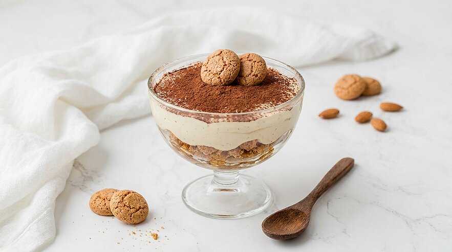 Gläsernes Dessert mit Schichten aus Creme und Keksboden, oben mit Kakaopulver bestäubt und drei kleinen Mandelkeksen garniert.
