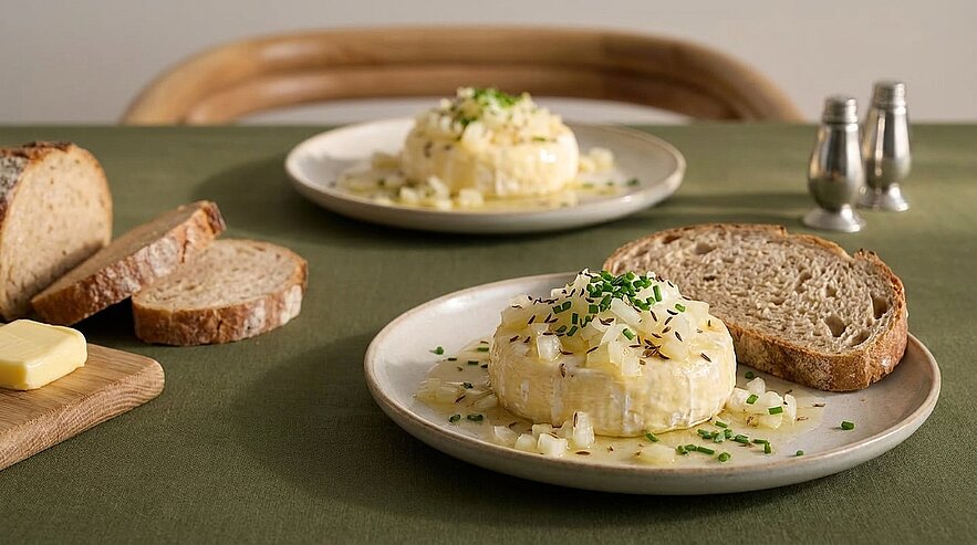 Auf einem Teller: ein gebackenes Camembert-Rad mit gewürfelten Zwiebeln und Schnittlauch, daneben eine Scheibe rustikales Vollkornbrot; im Hintergrund weiteres Brot und ein zweiter Teller.